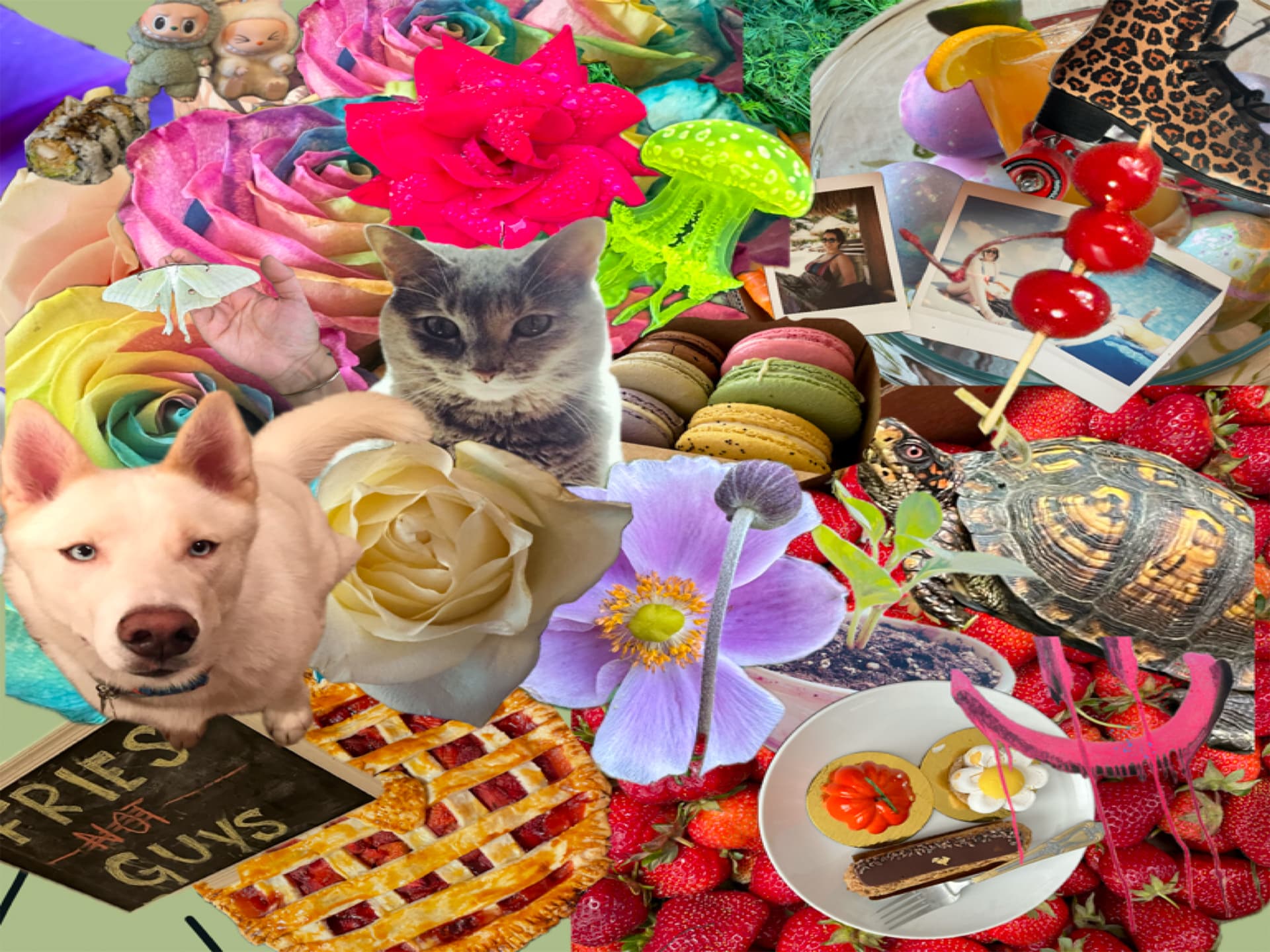 Colorful personal collage with flowers, animals, fruit, photographs, and the word Crybaby.